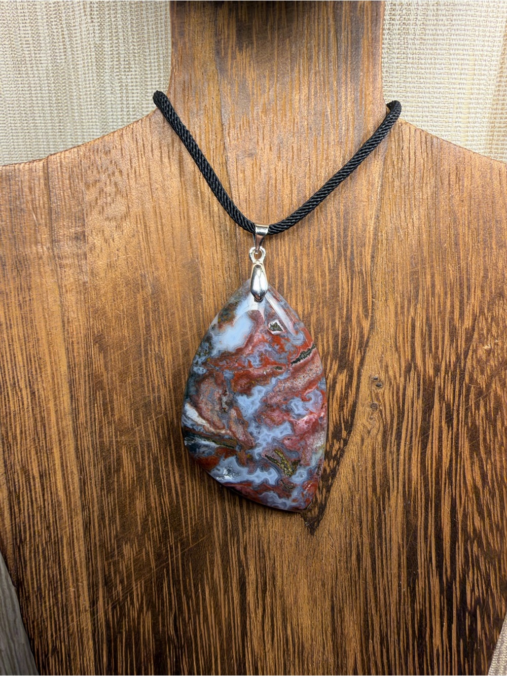 Mexican Crazy Lace Agate Pendant Necklace on Black Rope